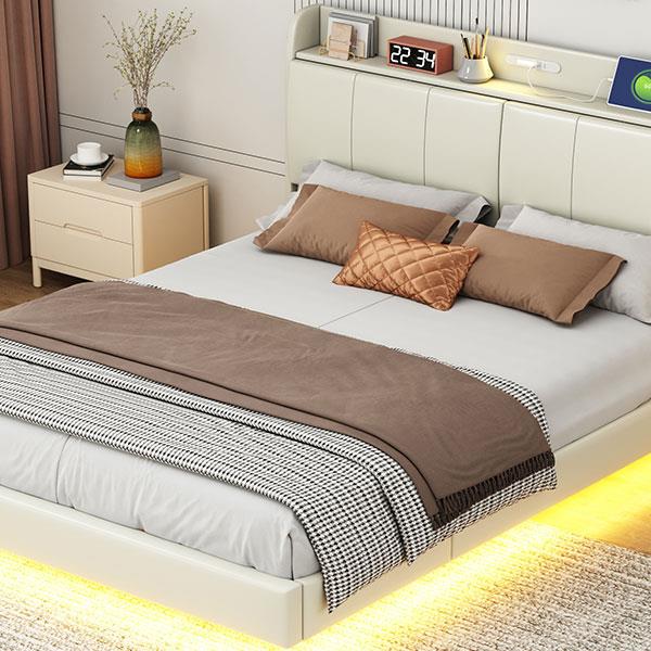 Queen Size Floating Bed Frame with Storage Headboard, Modern Upholstered Platform Bed with Touch Sensor Night Light and USB Charger, Beige