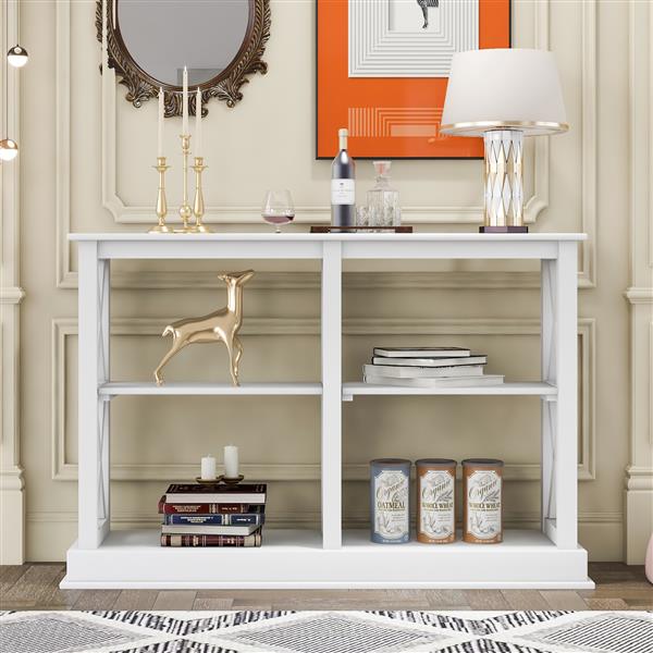 Console Table with 3-Tier Open Storage Spaces and "X" Legs, Narrow Sofa Entry Table for Living Room (White)