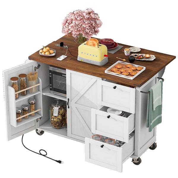 54.5" Farmhouse Kitchen Island with Power Outlet, Kitchen Storage Island  with Internal Storage Rack, Drop Leaf, Spice Rack, Rolling Kitchen Cart on Wheels, for Home, Kitchen and Dining Room,White