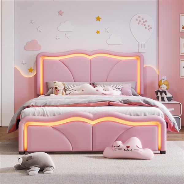 Full Size Upholstered Platform Bed with Curve Shaped and Height-adjustbale Headboard,LED Light Strips,Pink