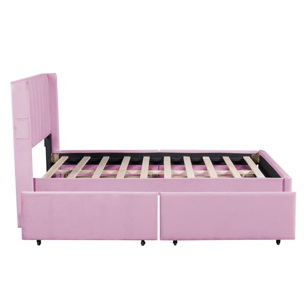 Full Size Upholstered Bed with 4 Drawers, Pink