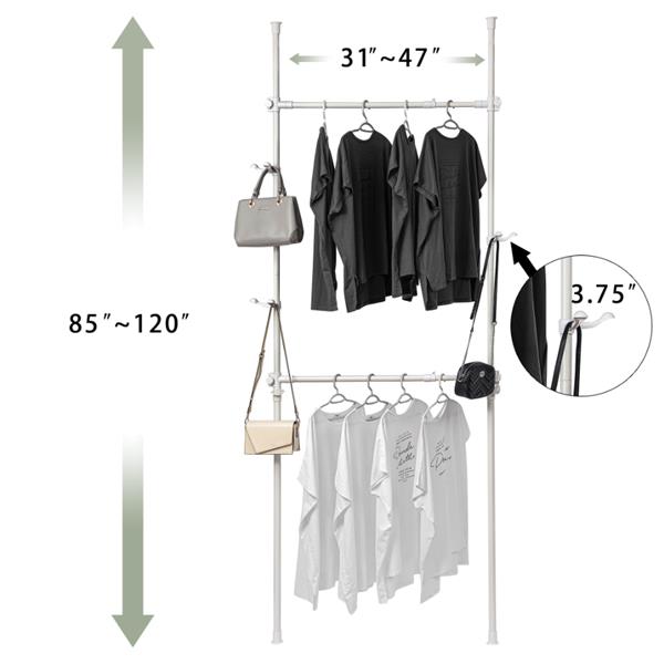 Telescopic Garment Rack, Heavy Duty Design Movable DIY By Hand No Damage to Wall Ceiling Hanging Rail, 31-47in Wide Adjustable, 120 Kilogram Loading, Reach Hook Included, White