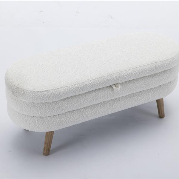 036-Boucle Fabric Storage Bench Bedroom Bench With Wood Legs For Living Room Bedroom Indoor,Ivory