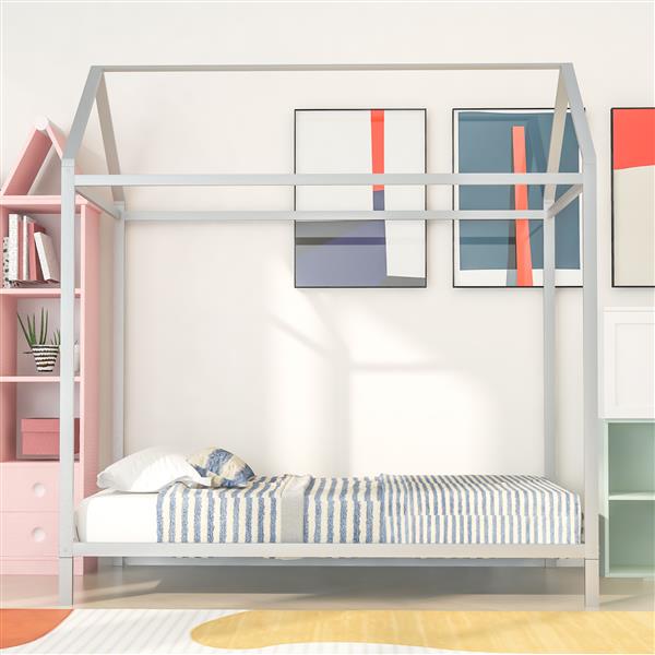 House Bed Frame Twin Size , Kids Bed Frame Metal  Platform Bed  Floor Bed for Kids Boys Girls No Box Spring Needed Silver