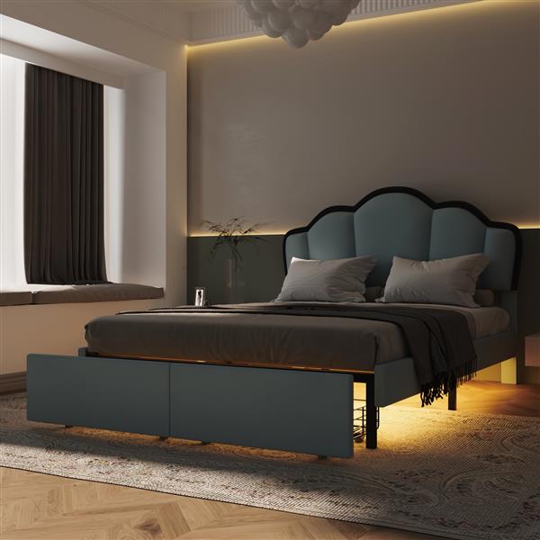 Full Size Upholstered Princess Platform Bed with LED and 2 Storage Drawers, Blue