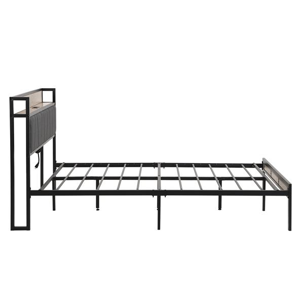 Queen  Size  Metal Platform Bed Frame with upholstery storage function Headboard   and USB LINER  and Footboard  , No Box Spring Needed, Large Under Bed Storage, Easy Assemble