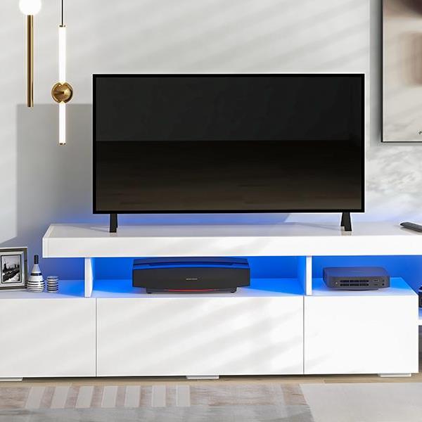 Modern Style 16-colored LED Lights TV Cabinet,  UV High Gloss Surface Entertainment Center with DVD Shelf,
Up to 70 inch TV, White