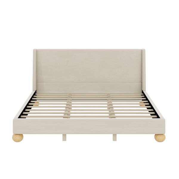 Modern Velvet Upholstered Platform Bed with Wingback Headboard and Round Wooden Legs, Cream,King Size