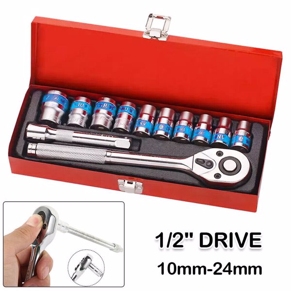 12PCS 1/2'' Socket Set 10-24mm Steel Case Metric Drive Extension Ratchet Wrench