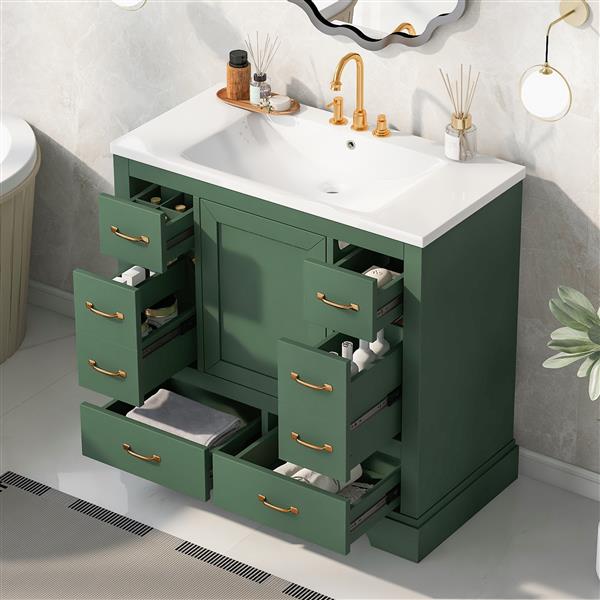 36" Bathroom Vanity with Sink Combo, Six Drawers, Multi-Functional Drawer Divider, Adjustable Shelf, Green