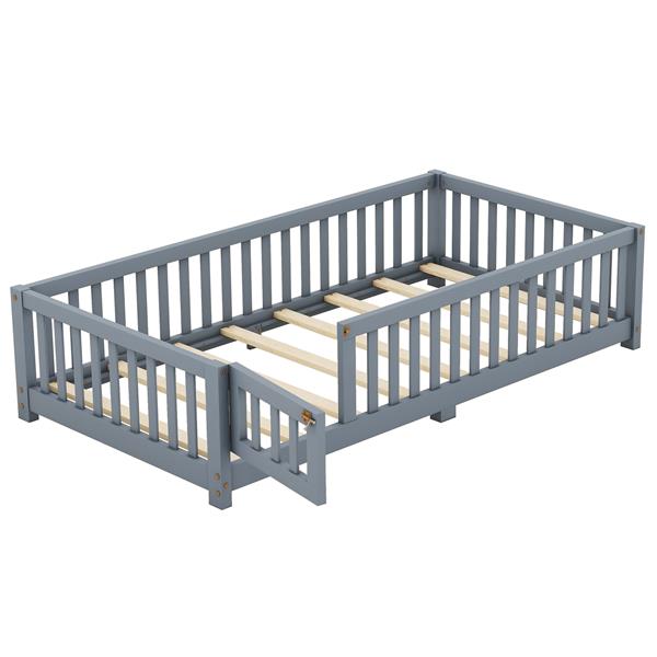 Twin Size Bed Floor Bed with Safety Guardrails and Door for Kids, Gray