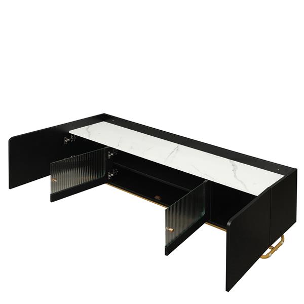 Sleek Design TV Stand with Fluted Glass, Contemporary Entertainment Center for TVs Up to 70", Faux Marble Top TV Console Table with Gold Frame Base, Black