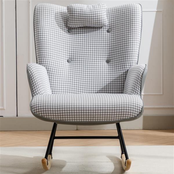 35.5 inch Rocking Chair, Soft Houndstooth Fabric Leather Fabric Rocking Chair for Nursery, Comfy Wingback Glider Rocker with Safe Solid Wood Base for Living Room Bedroom Balcony (light grey)