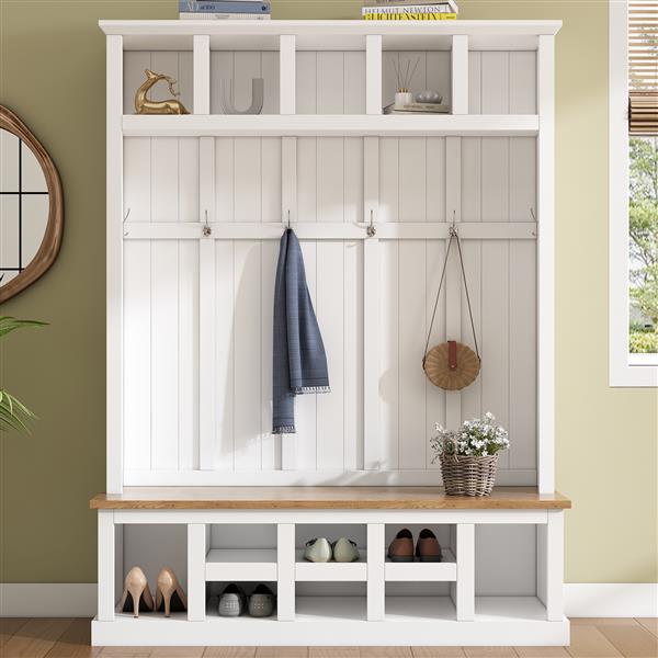 Farmhouse Wooden Style 78''H Modern Hall Tree with Wide Storage Seating Bench, Entryway Shoe Cabinet with 13 Compartments, Elegant Coat Rack with 6 Hooks for Mudroom, Living room, White