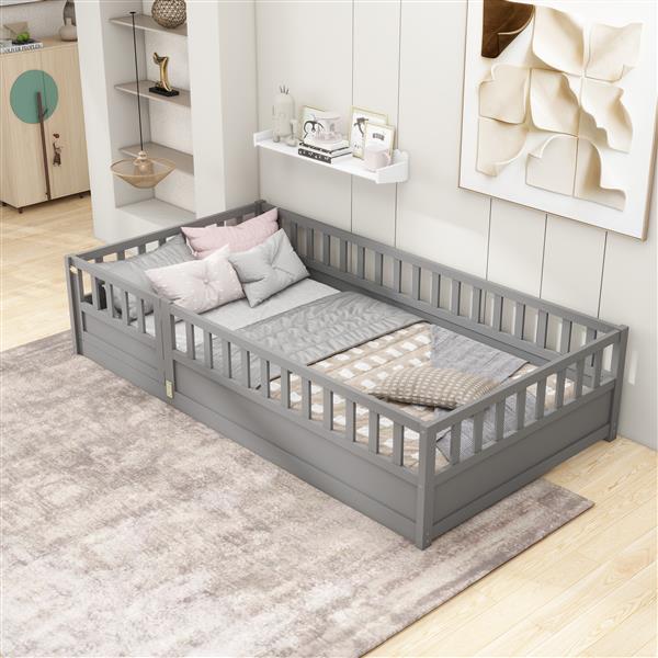 Twin Size Floor bed, integral construction with super high security barrier, door, children's floor bed frame, Montessori wooden children's floor bed, Support slat Grey