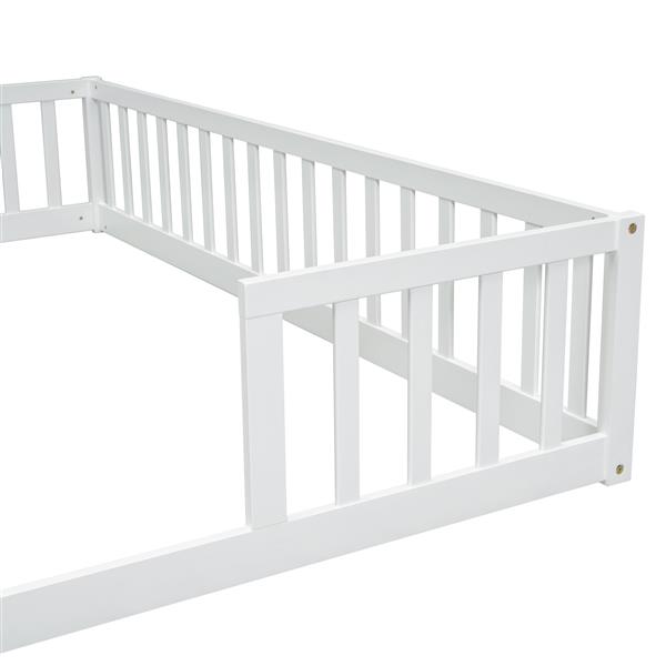 Double Twin Floor Bed with Fence, Guardrails, without door, White