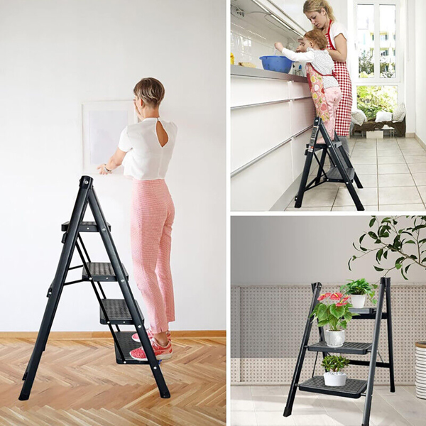 Portable Folding 3 Step Ladder Compact Heavy Duty Anti-Slip Mat Stool Black