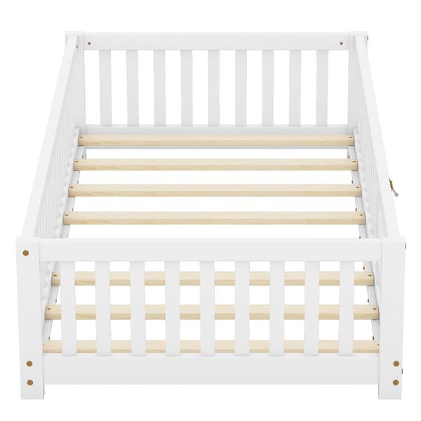 Twin Size Bed Floor Bed with Safety Guardrails and Door for Kids, White