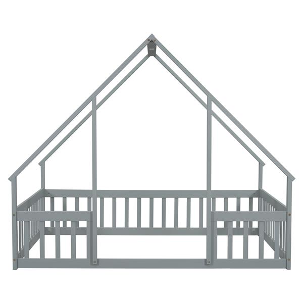 Full Wood House-Shaped Floor Bed with Fence, Guardrails,Grey