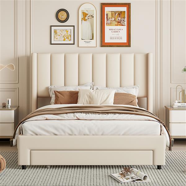 Full Size Storage Bed Velvet Upholstered Platform Bed with a Big Drawer - Beige