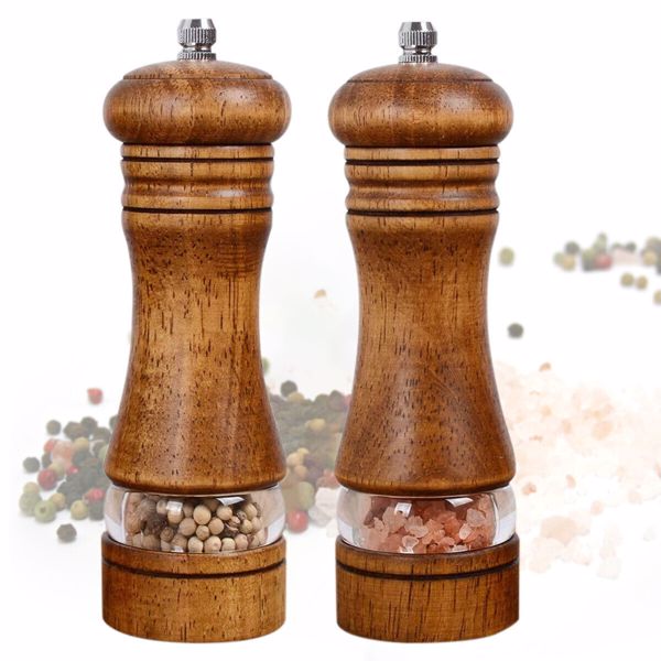 2Pcs Oak Wooden Manual Pepper Grinder Salt Spice Herb Mill Refillable UK