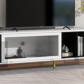 Stylish TV Stand with Golden Metal Handles&Legs, Two-tone Media Console for TVs Up to 80\\", Fluted Glass Door TV Cabinet with Removable Compartment for Living Room, White