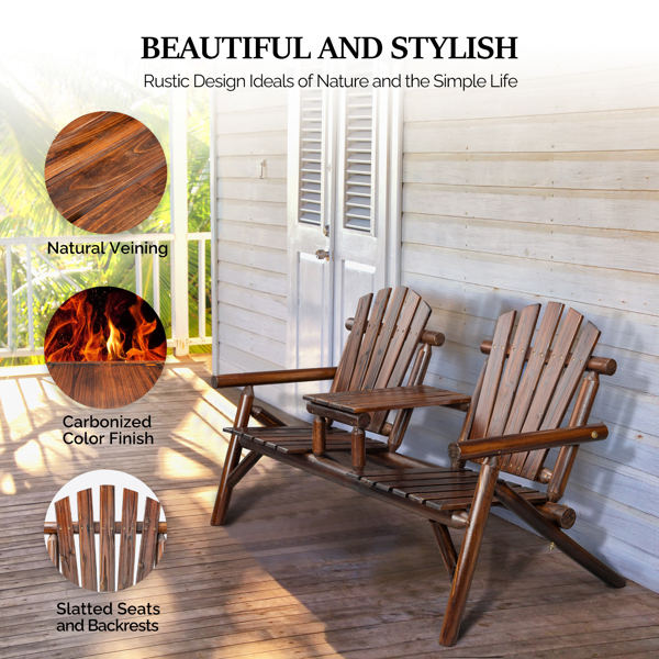 Outdoor Bench Adirondack Bench with Built-in Table，Wood Bench Garden Bench for Outdoors Porch Bench for Yard Garden Patio Outside Deck Firepit Pool 