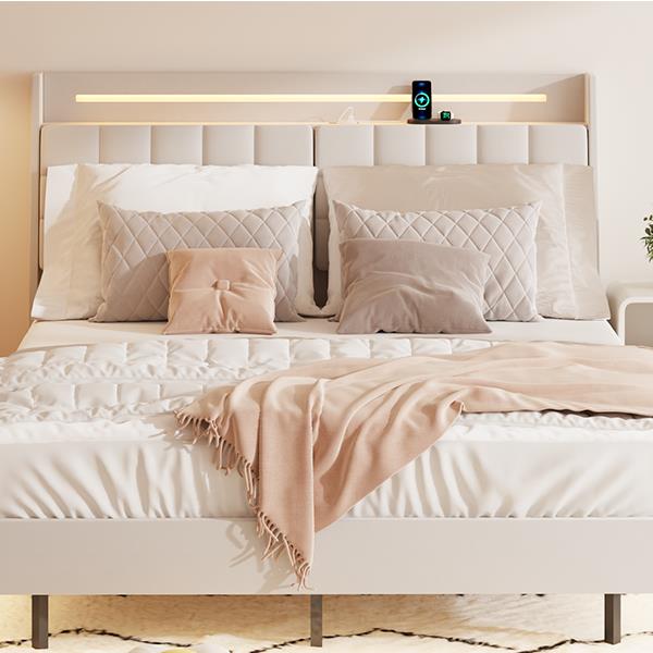 Queen Floating Bed Frame with LED Light and Charging Station Upholstered Platform Bed Frame Queen Size with Headboard and Hidden Storage Space, No Box Spring Needed, Beige