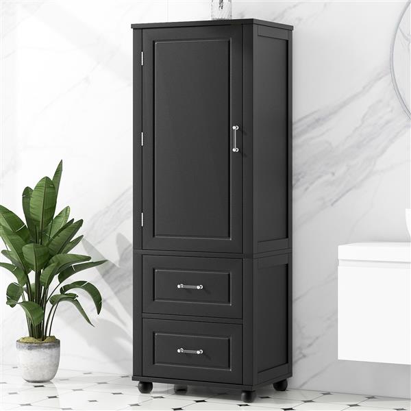 Tall Bathroom Storage Cabinet, Freestanding Storage Cabinet with Two Drawers and Adjustable Shelf, MDF Board with Painted Finish, Black