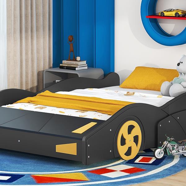 Full Size Race Car-Shaped Platform Bed with Wheels and Storage, Black+Yellow