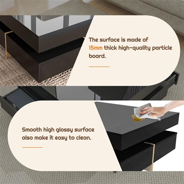 Modern High Gloss Coffee Table with 4 Drawers, Multi-Storage Square Cocktail Tea Table with Wood Grain Legs, Center Table for Living Room, 31.5''x31.5'', Black