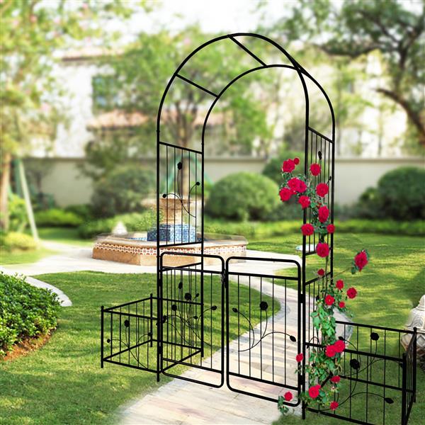 Metal Garden Arch with Gate 79.5'' Wide x 86.6'' High Climbing Plants Support Rose Arch Outdoor Black