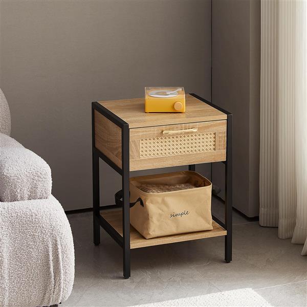 15.74" Rattan End table with  drawer, Modern nightstand, metal legs,side table for living room, bedroom,natural(1 pc)