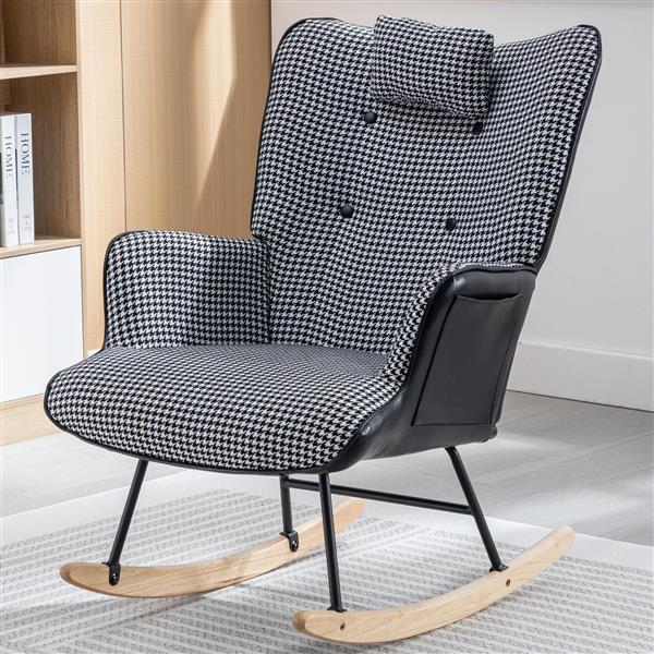 35.5 inch Rocking Chair, Soft Houndstooth Fabric Leather Fabric Rocking Chair for Nursery, Comfy Wingback Glider Rocker with Safe Solid Wood Base for Living Room Bedroom Balcony (black)