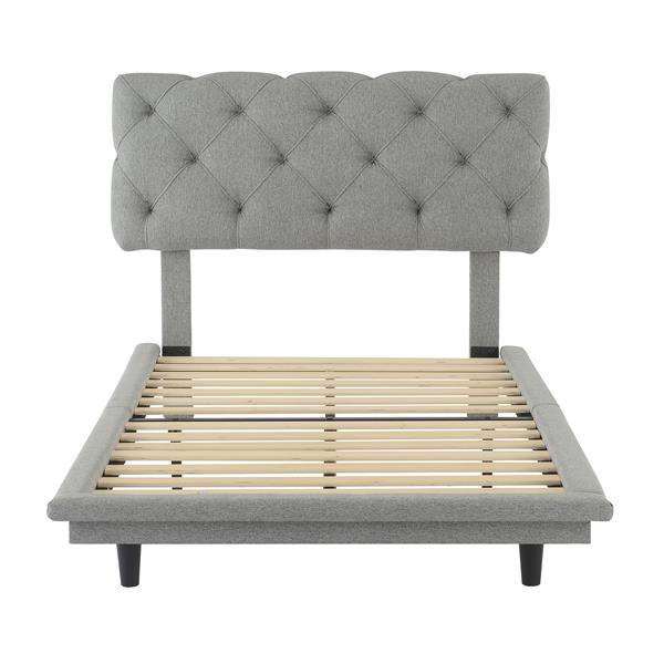 Twin Size Upholstered Bed with Light Stripe, Floating Platform Bed, Linen Fabric,Gray