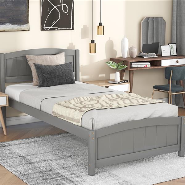 Wood Platform Bed with Headboard,Footboard and Wood Slat Support, Gray