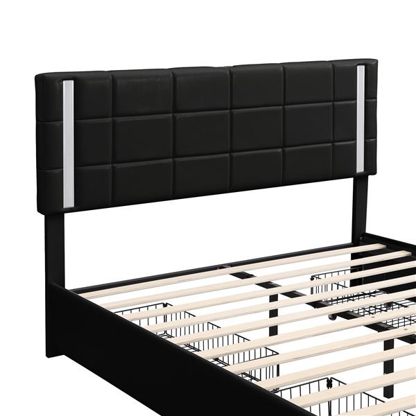 Queen Size Upholstered Platform Bed with LED Lights and USB Charging, Storage Bed with 4 Drawers, Black