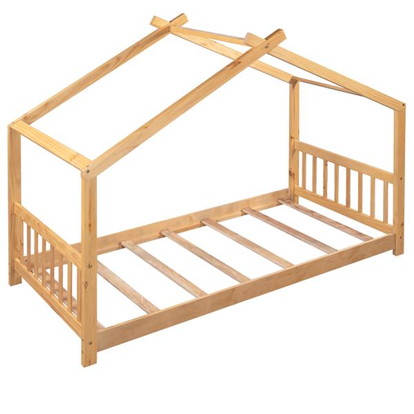 Twin Size House Platform Bed with Headboard and Footboard,Roof Design,Natural