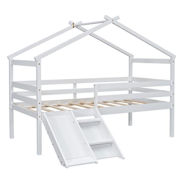 Twin Low Loft House Bed with Slide,  Ladder, Safety Guardrails, House Roof Frame,White