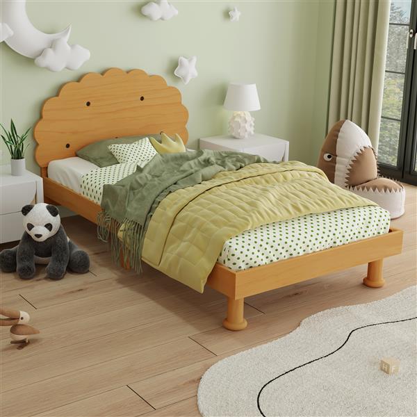 Kids Cookie-Shaped Bed Frame for Boys & Girls,Twin Size Platform Bed, Walnut