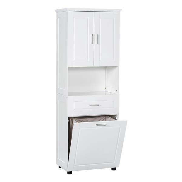 Tall Bathroom Cabinet with Laundry Basket, Large Storage Space Tilt-Out Laundry Hamper and Upper Storage Cabinet, White