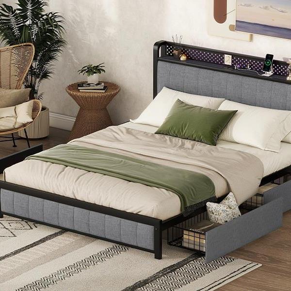 Queen Bed Frame with LED Headboard, Upholstered Bed with 4 Storage Drawers and USB Ports, Light Grey