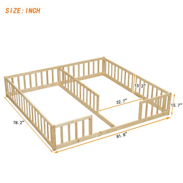 Double Twin Floor Bed with Fence, Guardrails, without door, Natural