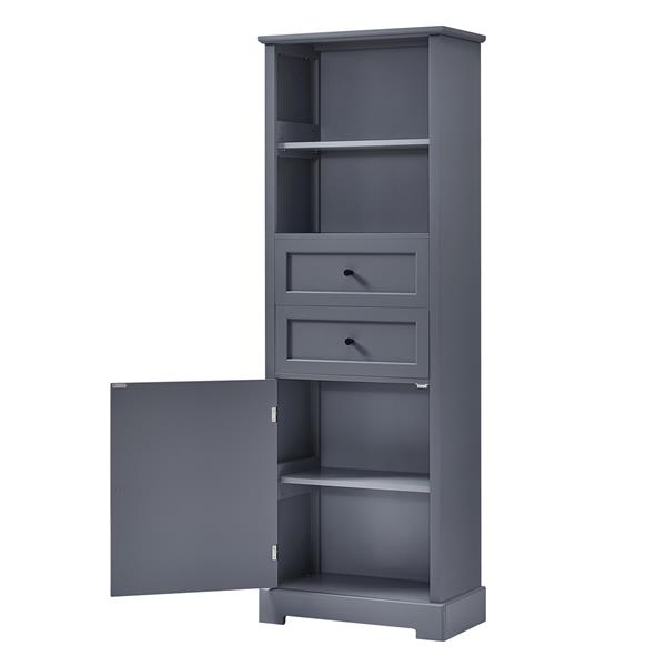 Bathroom Storage Cabinet, Tall Storage Cabinet with Two Drawers, Open Storage, Adjustable Shelf, Grey