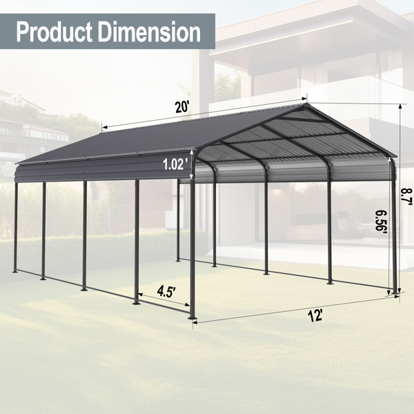 Metal Carport 12 ×20 FT Heavy Duty with Galvanized Steel Roof, Metal Garage Canopy with Galvanized Steel Roof & Frame, Car Tent Outdoor Storage Shed for Car, Boats and Truck, Gray 