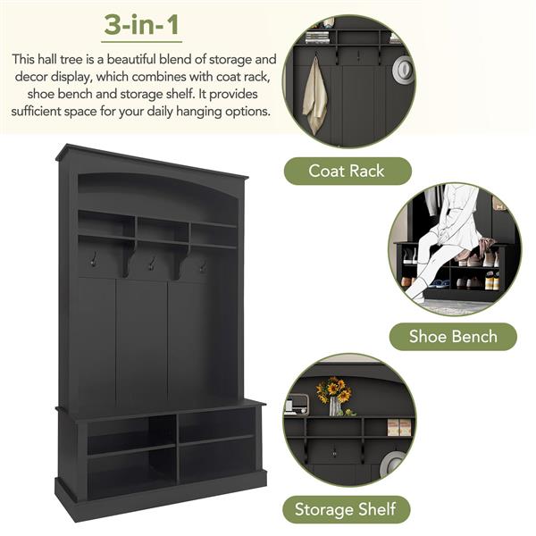 47.2'' Wide Hall Tree with Bench and Shoe Storage, Multi-functional Storage Bench with 3 Hanging Hooks & Open Storage Space, Rectangle Storage & Shelves Coat Rack for Hallway, Black