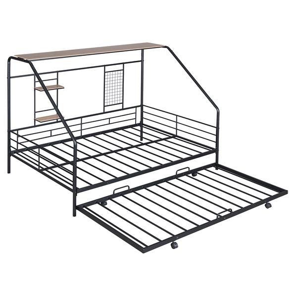 Full Size Metal House Bed with Trundle, Black