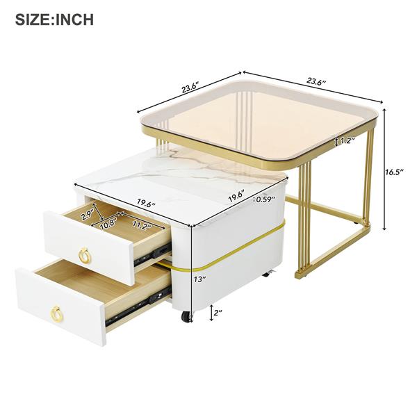 2-in-1 Square Nesting Coffee Table with Wheels & Drawers, Stackable Side Table with High Gloss Marble Grain Top, End Table Set with Brown Tempered Glass for Living Room, White