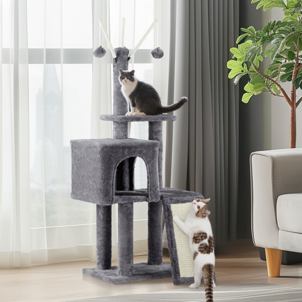 49 inch Cat Tree Cat Tower for Indoor Cats, Cat House with Padded Platform Bed, Toy Balls, Large Cozy Condo and Scratch Board, Dark Grey