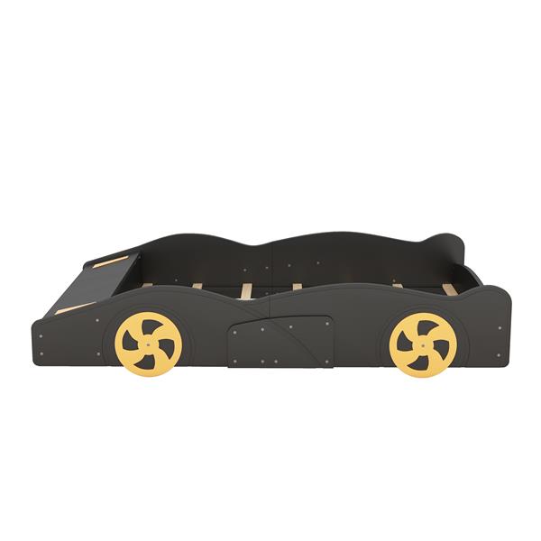 Full Size Race Car-Shaped Platform Bed with Wheels and Storage, Black+Yellow